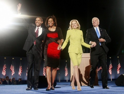 U.S. Democratic President-elect Senator Barack Obama (D-IL) (L), along with his wife Michelle, Vice-President elect Sen. Joe Biden (D-DE) (R) and his wife Jill Biden, wave during their election night rally in Chicago November 4, 2008. Obama captured the White House on Tuesday after an extraordinary two-year campaign, defeating Republican John McCain to make history as the first black to be elected U.S. president.