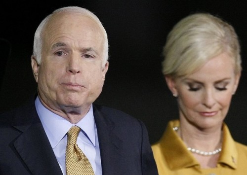 U.S. Republican presidential nominee Senator John McCain (R-AZ) stands with his wife Cindy as he delivers his concession speech after US Sen. Barack Obama (D-IL) defeated him during his election night rally in Phoenix November 4, 2008.