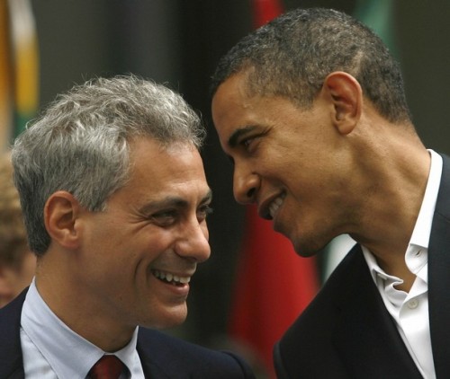 Democratic presidential nominee Senator Barack Obama (D-IL) (R) speaks with Representative Rahm Emanuel (D-IL) during a Chicago 2016 Olympics rally in Chicago in this June 6, 2008 file photo. Emanuel, a member of the Democratic leadership in the House of Representatives, has been offered the job to head President-elect Barack Obama's staff, party sources said. The sources said that the job was offered to Emanuel on November 5, 2008, just hours after Obama was elected, and Emanuel was expected to quickly accept the post of White House chief of staff. 