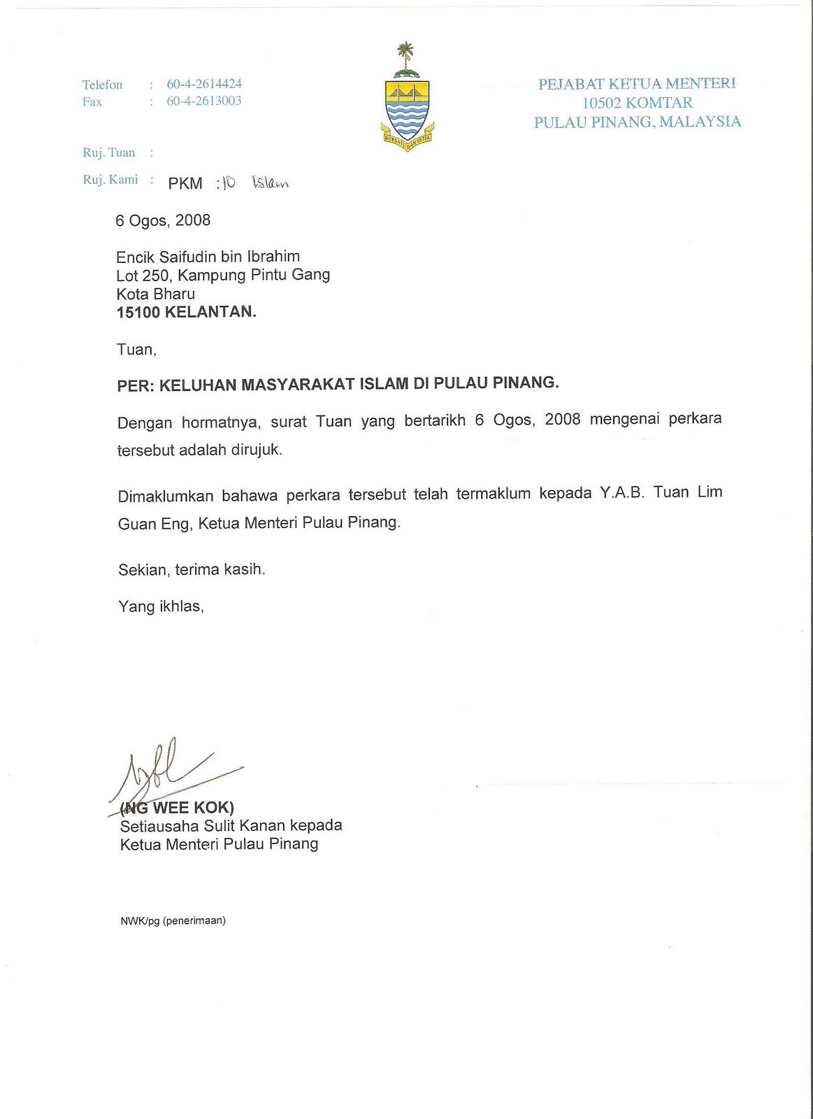 Respon Dari Pejabat Yab Ketua Menteri Pulau Pinang Pinkturtle