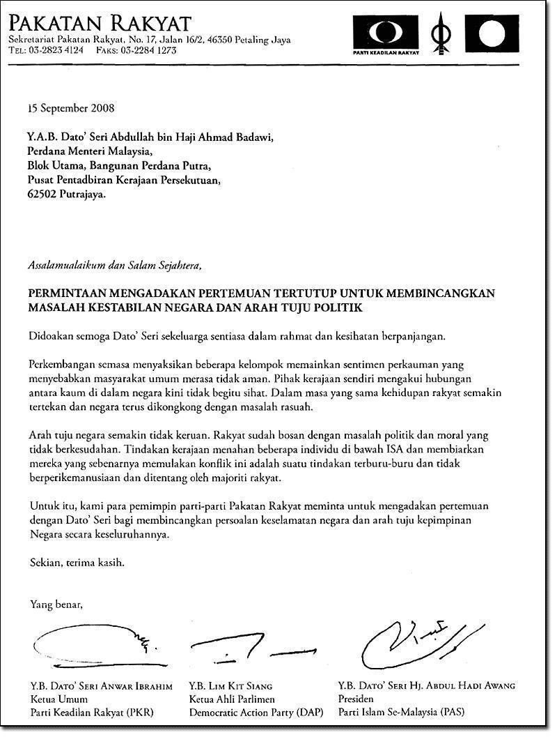 Surat Rasmi Kepada Menteri Besar Perak - WRasmi